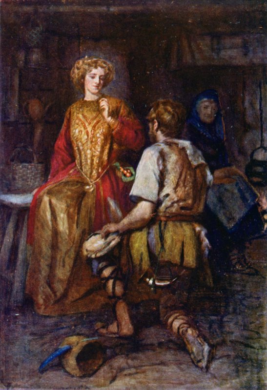 "Ofte fra skovens vildmarker han bragte, hvis sider var fyldt med smilende røde!" (farve litho) af Gertrude E. Demain (after) Hammond