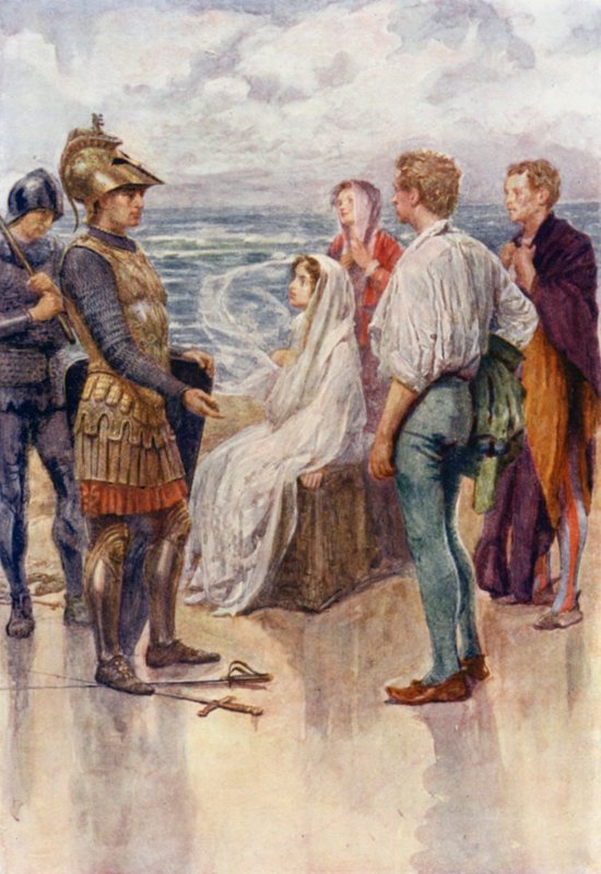 The Judgment of Artegall (farve litho) af Gertrude E. Demain (after) Hammond