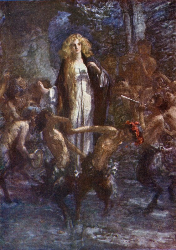 "Satyrerne dansede rundt om hende i glæde" (farve litho) af Gertrude E. Demain (after) Hammond