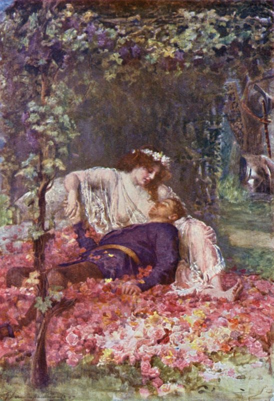 The Wanton Lady (farve litho) af Gertrude E. Demain (after) Hammond