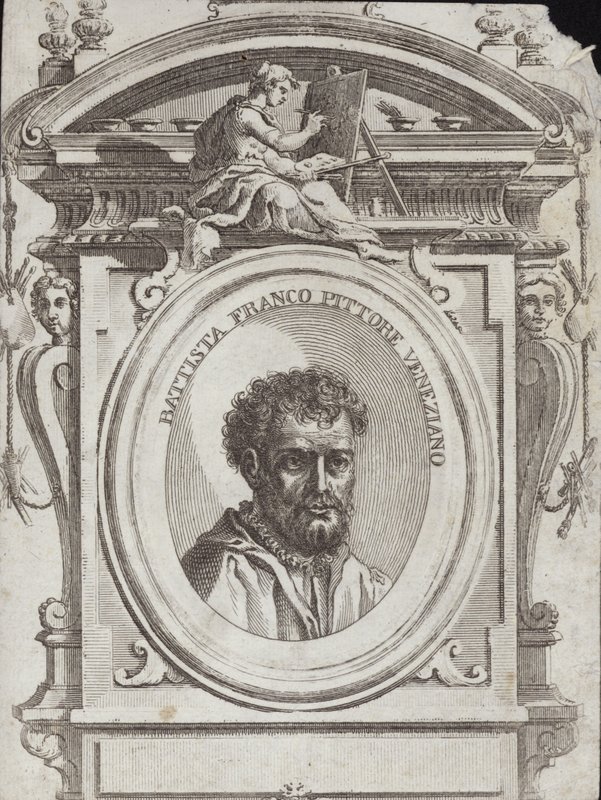 Battista Franco Veneziano, født som Giovanni Battista Franco, en italiensk kunstner. Gravering af Giorgio Vasari af Giorgio Vasari