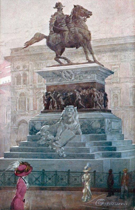 Milano / Milano: Monument til Victor Emmanuel II (farvelitografi) af Giovanni Guerzoni