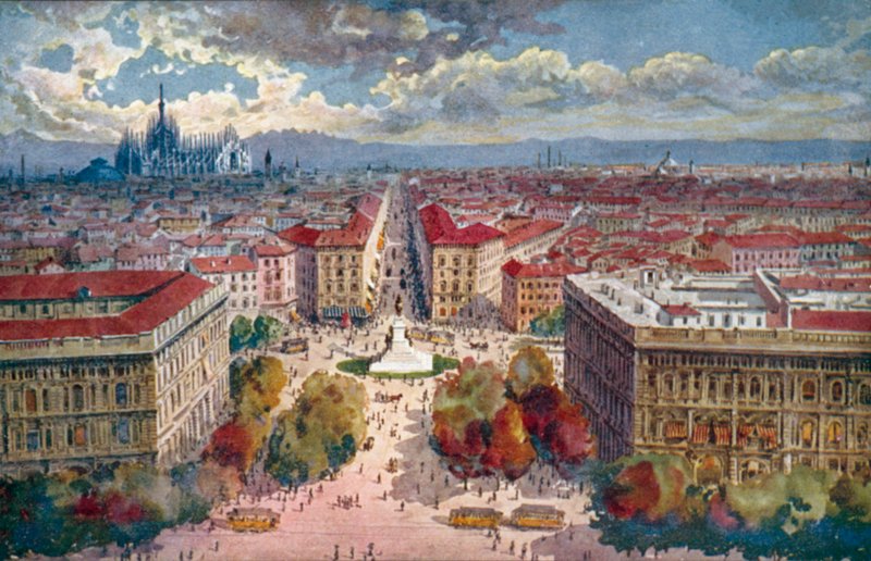 Milano / Milan: Panorama fra slottet (farvelitografi) af Giovanni Guerzoni