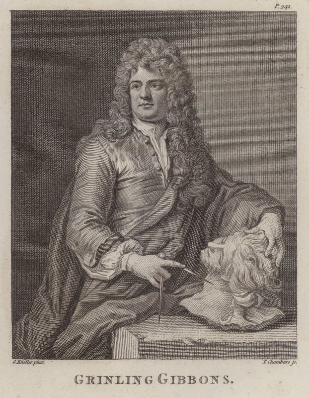 Grinling Gibbons, engelsk træskærer og billedhugger (gravering) af Godfrey (after) Kneller