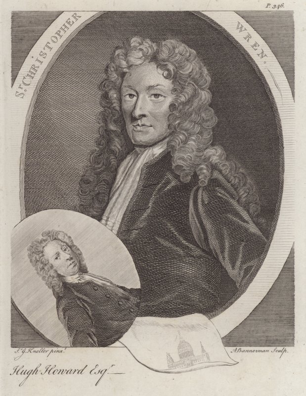 Sir Christopher Wren, engelsk arkitekt, og Hugh Howard, engelsk kunstner og samler (gravering) af Godfrey (after) Kneller