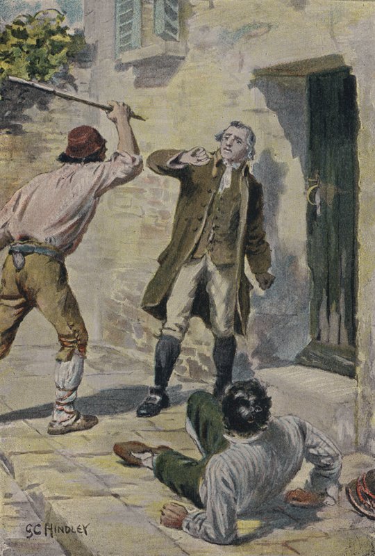 John Lombe angrebet af italienere, mens han var på besøg i Italien for at undersøge spindemaskiner af Godfrey C. Hindley