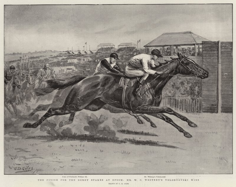 Slutningen af Derby Stakes i Epsom, Mr W C Whitneys Volodyovski vinder af Godfrey Douglas Giles
