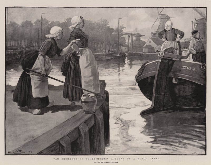 En udveksling af komplimenter, en scene på en hollandsk kanal af Gordon Frederick Browne