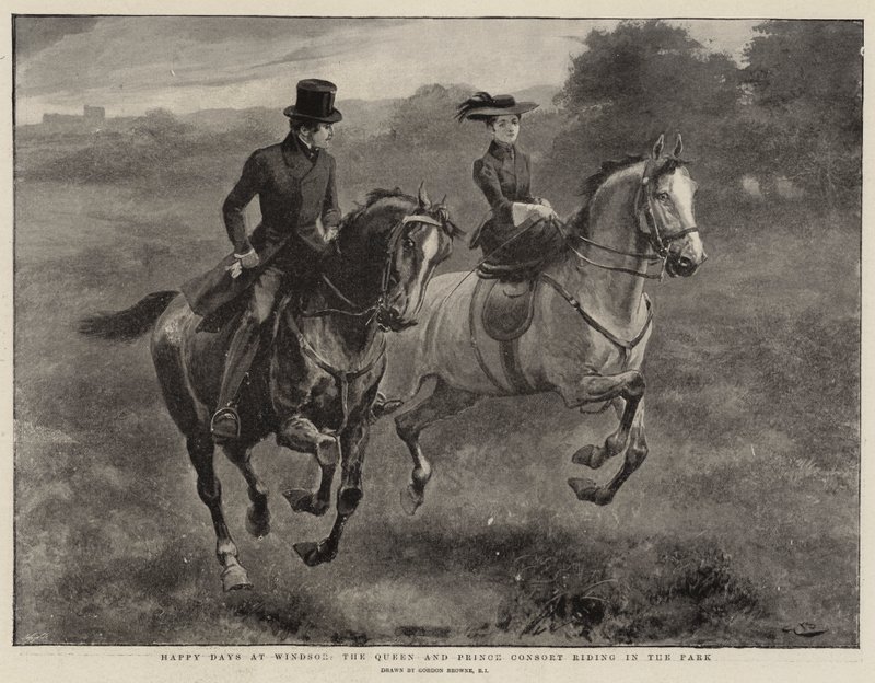 Glade dage i Windsor, dronningen og prinsgemalen ridende i parken af Gordon Frederick Browne