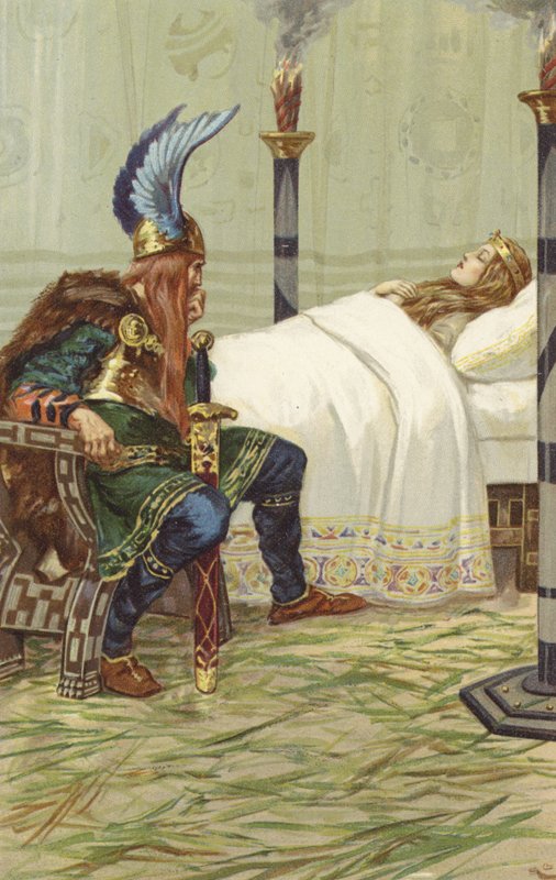 Harald sad ved hendes side og så på hende (chromolitho) af Gordon Frederick Browne