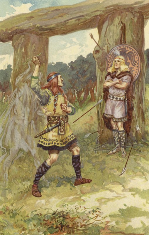 Hodur tog misteltenen fra Loke, og Loke styrede hans arm, og han kastede den mod Baldur, og med et skarpt skrig faldt Baldur død om (chromolitho) af Gordon Frederick Browne