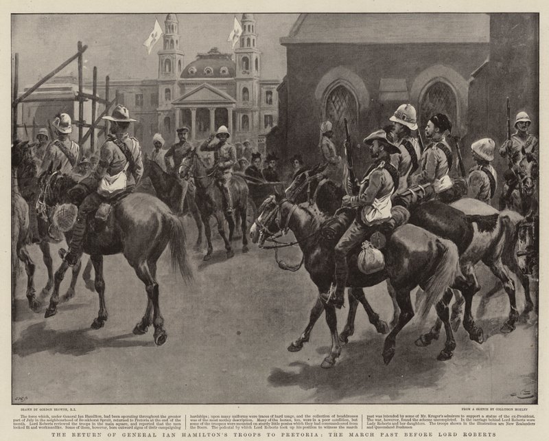 General Ian Hamiltons troppers tilbagevenden til Pretoria, marts forbi før Lord Roberts af Gordon Frederick Browne