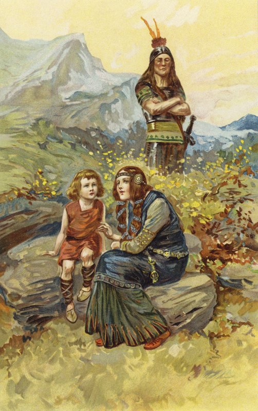 Bondekvinden og Olaf, hendes søn, sad i morgensolskin (chromolitho) af Gordon Frederick Browne