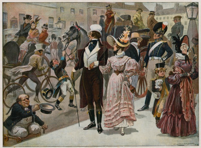 De tidlige dage af vort århundrede - Piccadilly, London, i 1800; farveplade af Gordon Frederick Browne