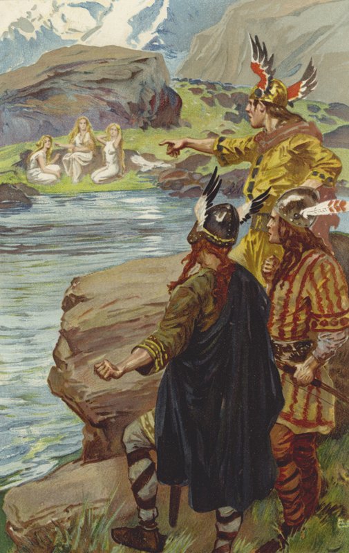 De så på kanten af søen, tre jomfruer sidde og spinde hør (chromolitho) af Gordon Frederick Browne