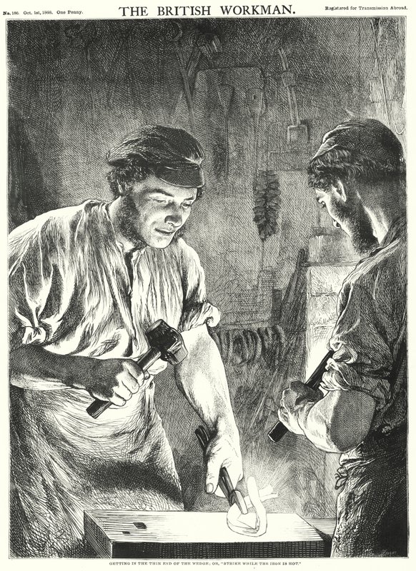 At komme ind i den tynde ende af kilen, eller "Slå mens jernet er varmt" (gravering) af Gourlay Steel