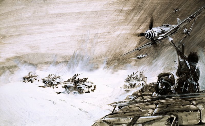 En konvoj af fem tunge lastbiler, der krydser det egyptiske sandhav, bliver angrebet af et fjendtligt fly (gouache på papir) af Graham Coton