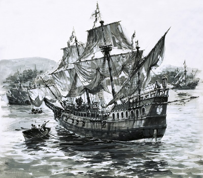 Drakes skib, Golden Hind, halter tilbage til Portsmouth med enorme rigdomme. af Graham Coton
