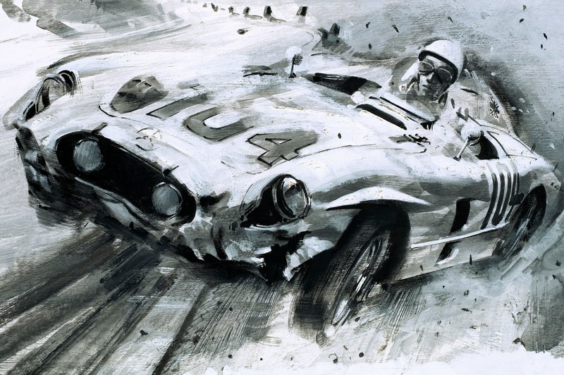 Stirling Moss (gouache på papir) af Graham Coton