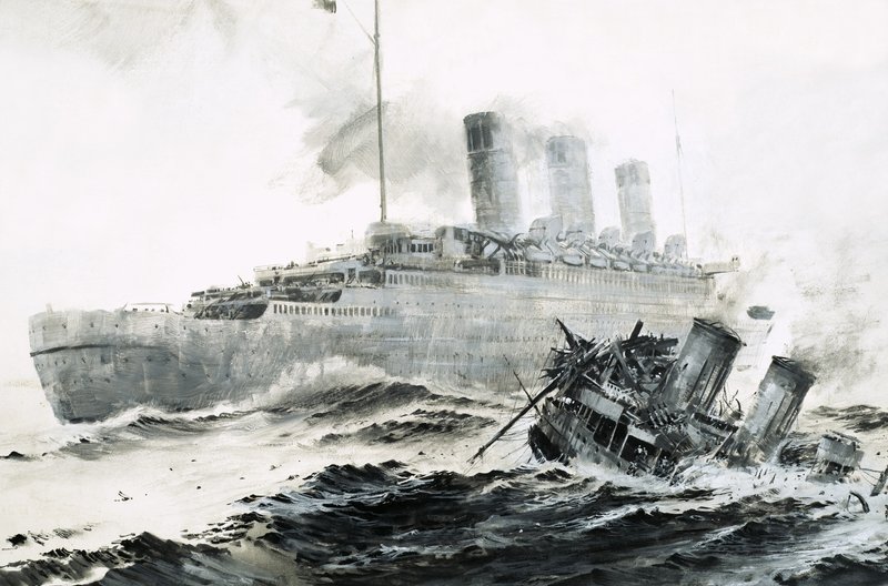 Queen Mary støder ind i sin eskorte, Curacoa, og skibet synker. af Graham Coton