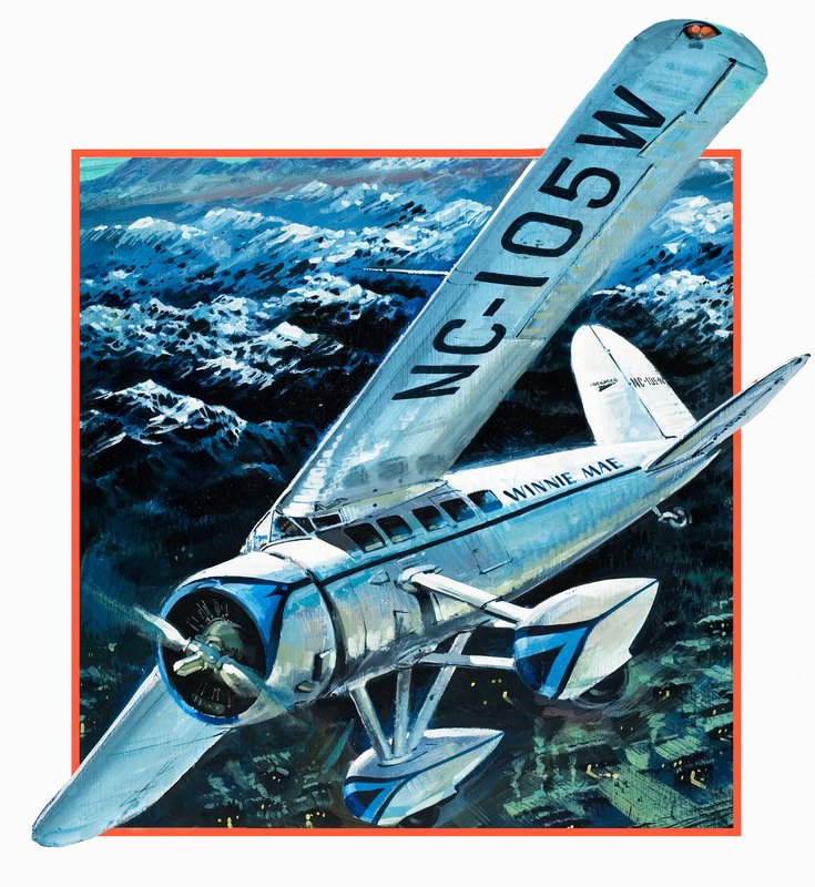 Wiley Hardemann Post flyver Winnie May solo jorden rundt (gouache på papir) af Graham Coton