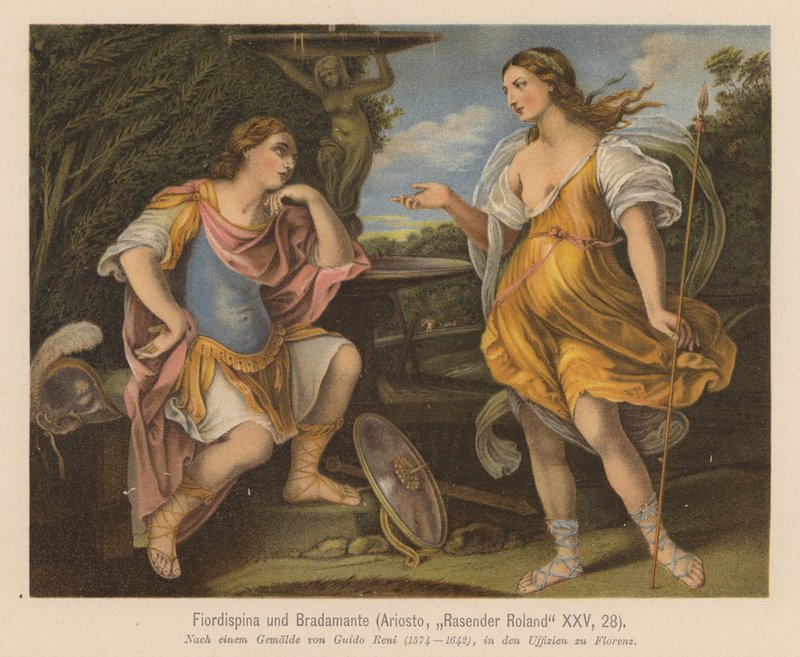 Scene fra Orlando Furioso af Ludovico Ariosto (farvelitografi) af Guido (after) Reni