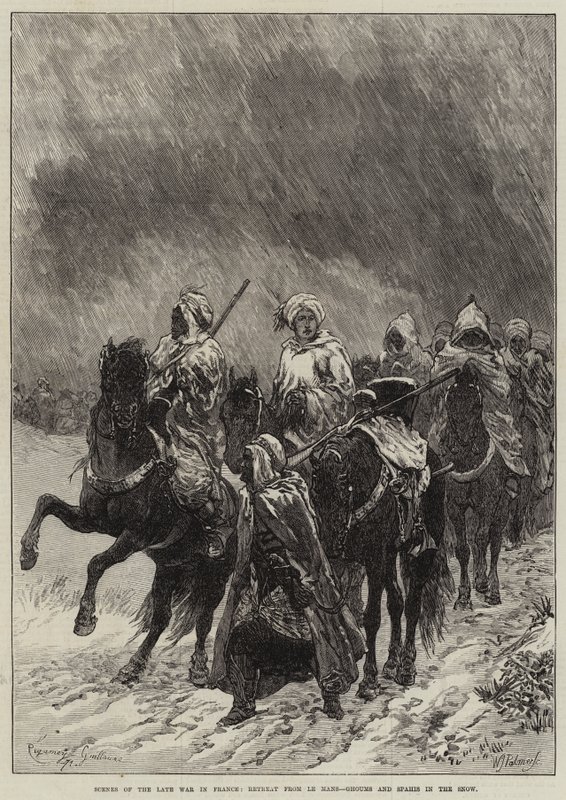 Scener fra den sene krig i Frankrig, tilbagetog fra Le Mans, Ghoums og Spahis i sneen af Guillaume Regamey