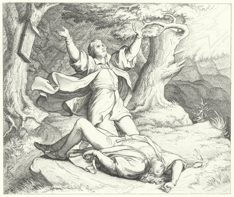 Alexis, Martin Luthers ven, efter at han blev ramt af lynet under deres rejser, 1505 af Gustav Ferdinand Leopold Konig
