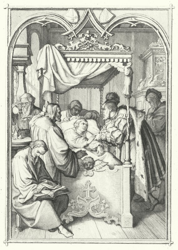 Johannes, kurfyrste af Sachsen, besøger Martin Luther på hospitalet (gravering) af Gustav Ferdinand Leopold Konig