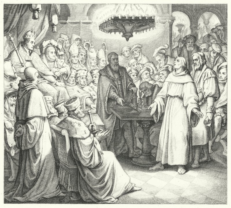 Martin Luther dukker op foran kejser Charles V ved rigsdagen i Worms (gravering) af Gustav Ferdinand Leopold Konig