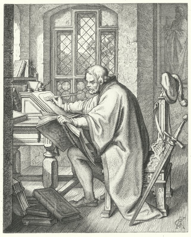 Martin Luther begynder oversættelsen af Bibelen på slottet Wartburg (gravering) af Gustav Ferdinand Leopold Konig