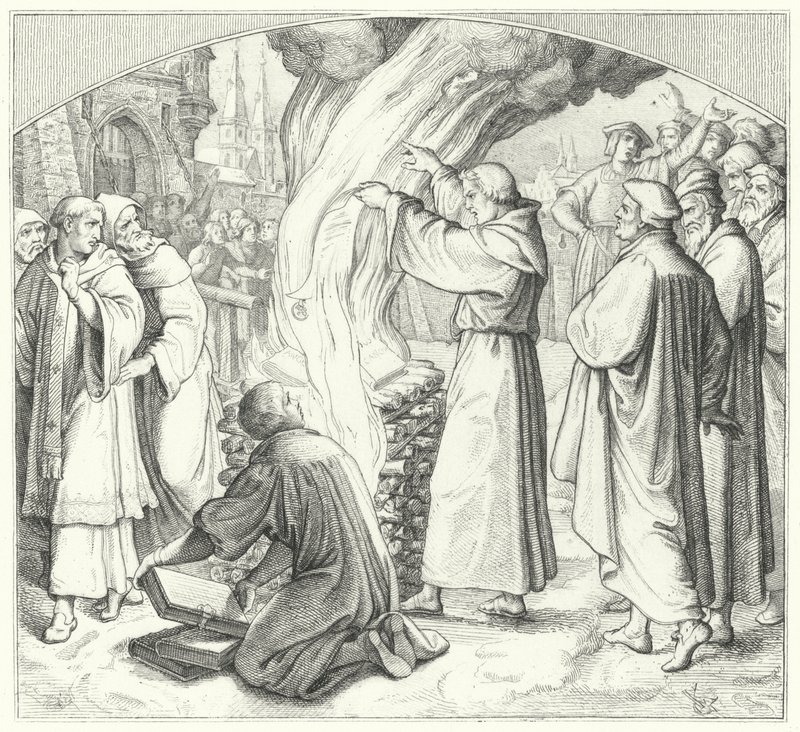 Martin Luther brænder den pavelige tyr i Wittenberg, 1520 af Gustav Ferdinand Leopold Konig