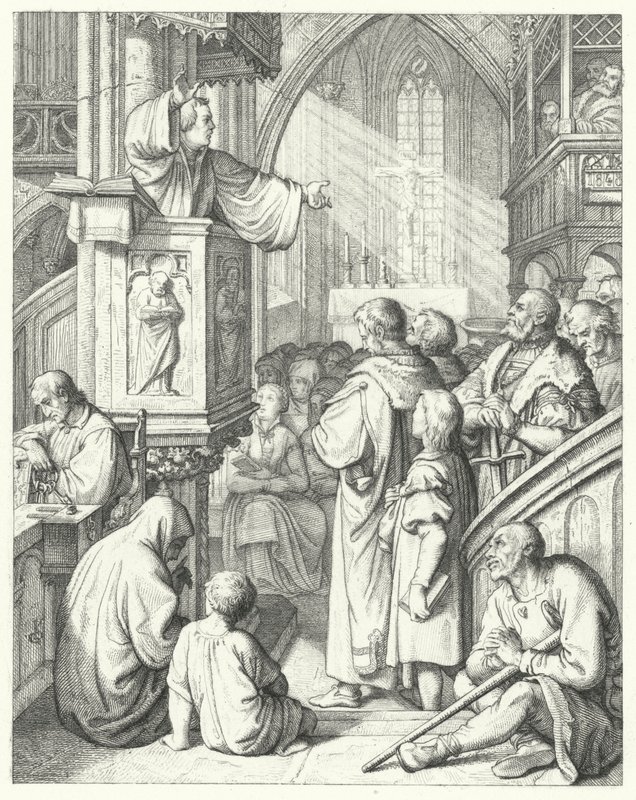 Martin Luther holder en prædiken (gravering) af Gustav Ferdinand Leopold Konig
