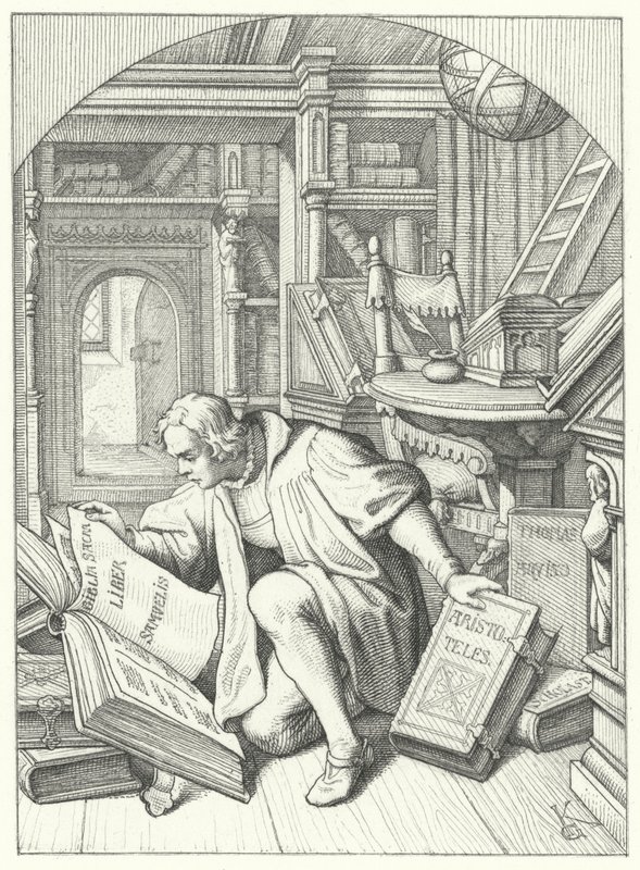 Martin Luther opdager en latinsk bibel i biblioteket på Erfurt Universitet (gravering) af Gustav Ferdinand Leopold Konig