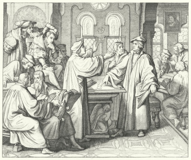 Martin Luther diskuterer nadveren med Huldrych Zwingli (gravering) af Gustav Ferdinand Leopold Konig