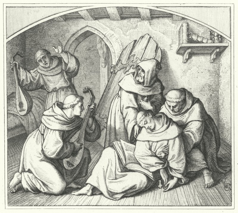 Martin Luther besvimer med en bibel i hånden, og hans venner bringer ham tilbage til fornuften (gravering) af Gustav Ferdinand Leopold Konig