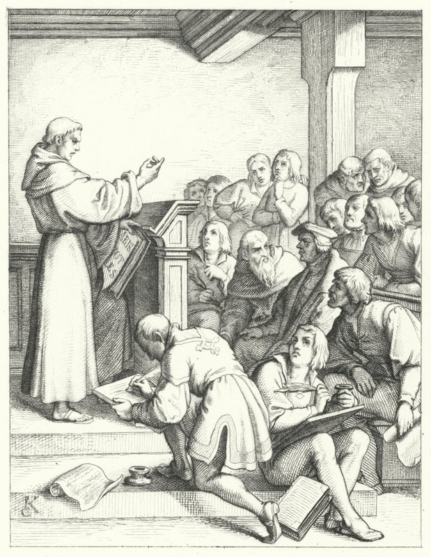 Martin Luther i en filosofi og teologi forelæsning for sin bachelorgrad (gravering) af Gustav Ferdinand Leopold Konig