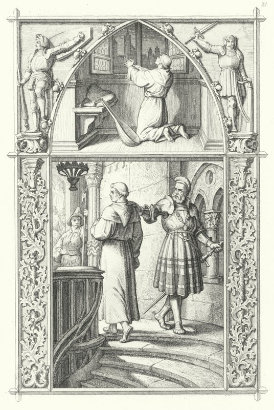 Martin Luther i bøn, mens han forbereder sig til ormenes kost (øverst). Georg von Frundsberg giver opmuntring til Martin Luther (nederst) (gravering) af Gustav Ferdinand Leopold Konig