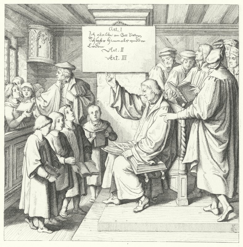 Martin Luther introducerer Katekismus til skolebørn (gravering) af Gustav Ferdinand Leopold Konig