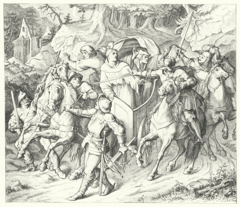 Martin Luther bliver bortført, da han vender tilbage fra riksdagen i Worms, 1521 af Gustav Ferdinand Leopold Konig