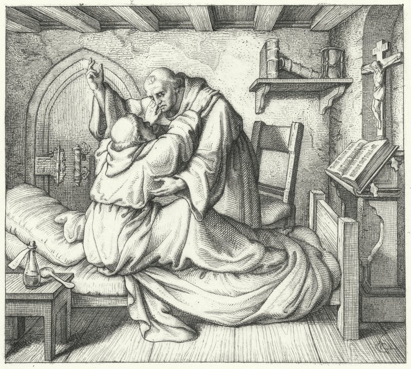 Martin Luther trøstes af en medmunk under hans åndelige pine i klostret (gravering) af Gustav Ferdinand Leopold Konig