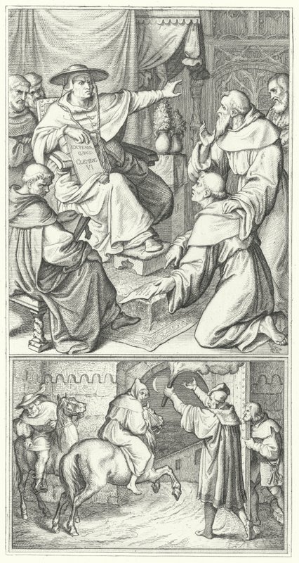 Martin Luther forlader pavens legat i Wittenberg, Thomas Cajetan (øverst). Martin Luther forlader byen Augsburg (nederst) (gravering) af Gustav Ferdinand Leopold Konig
