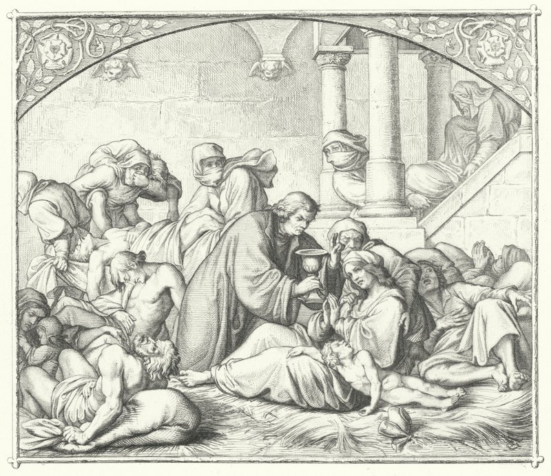 Martin Luther tilbyder trøst til pestramte (gravering) af Gustav Ferdinand Leopold Konig
