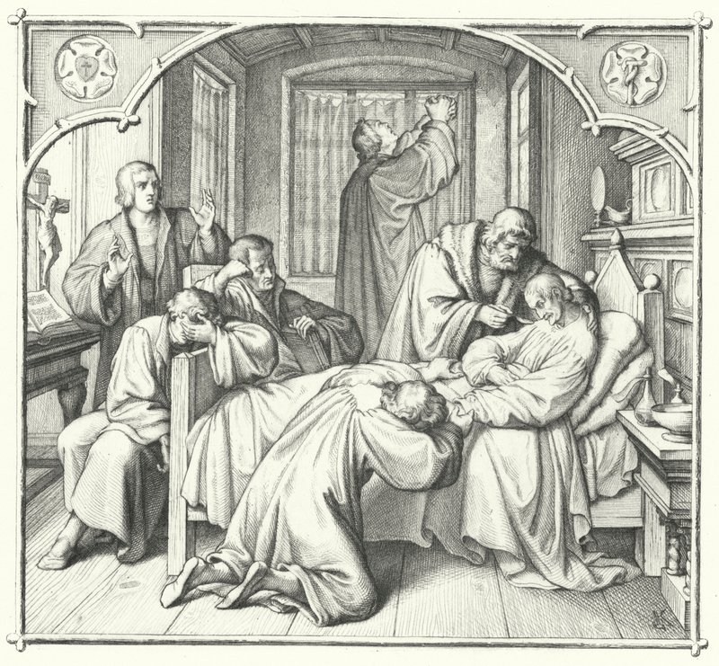 Martin Luther beder ved Philip Melanchthons dødsleje (gravering) af Gustav Ferdinand Leopold Konig