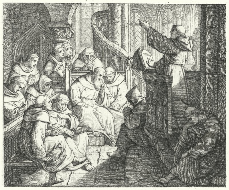 Martin Luther prædiker for Johann von Staupitz og de andre munke ved klostret (stik) af Gustav Ferdinand Leopold Konig