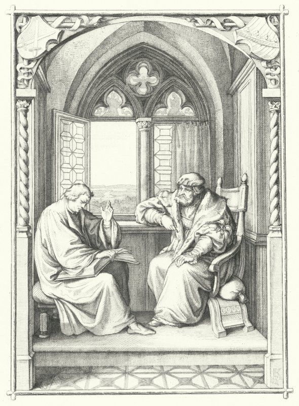 Martin Luther læser fra Bibelen for Johannes, kurfyrst af Sachsen (stik) af Gustav Ferdinand Leopold Konig