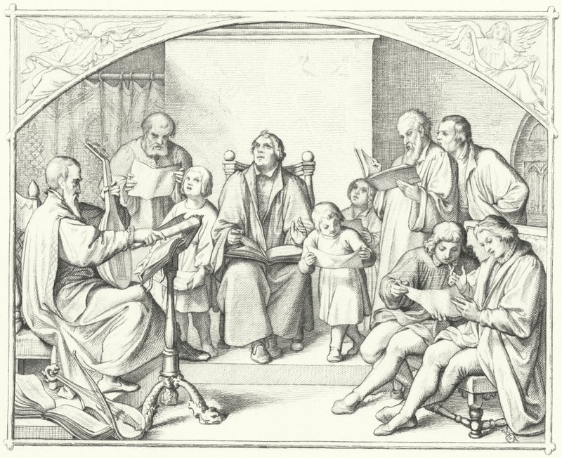 Martin Luther synger med et kirkekor (stik) af Gustav Ferdinand Leopold Konig