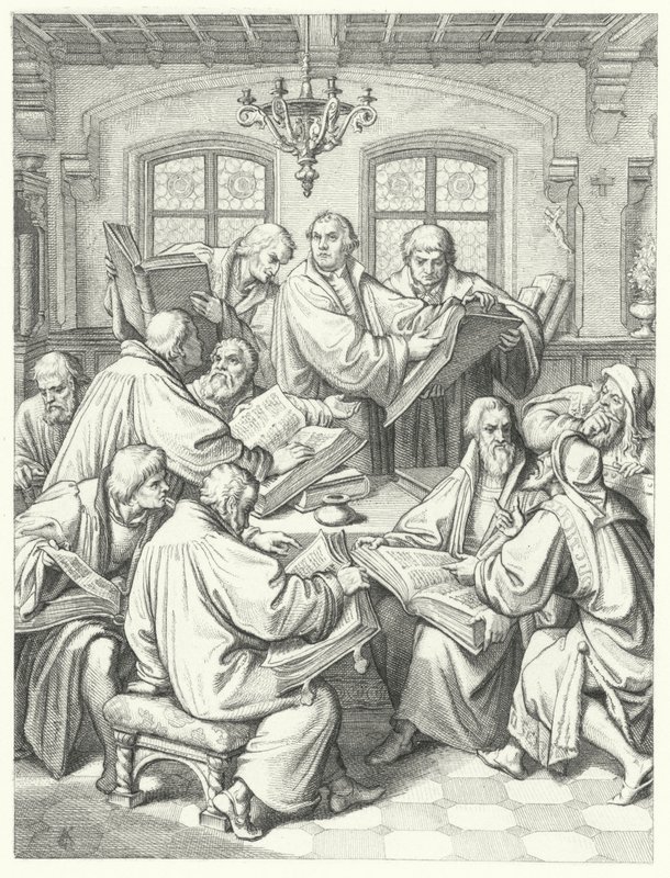 Martin Luther oversætter biblen til tysk (gravering) af Gustav Ferdinand Leopold Konig