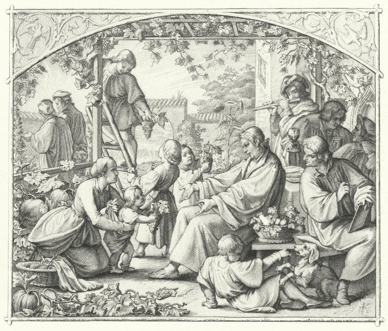 Martin Luther med sin familie og nogle af hans samtidige nyder sommeren (gravering) af Gustav Ferdinand Leopold Konig