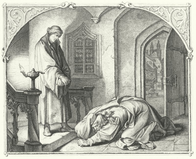 Martin Luther med købmanden Hans Kohlhase (stik) af Gustav Ferdinand Leopold Konig